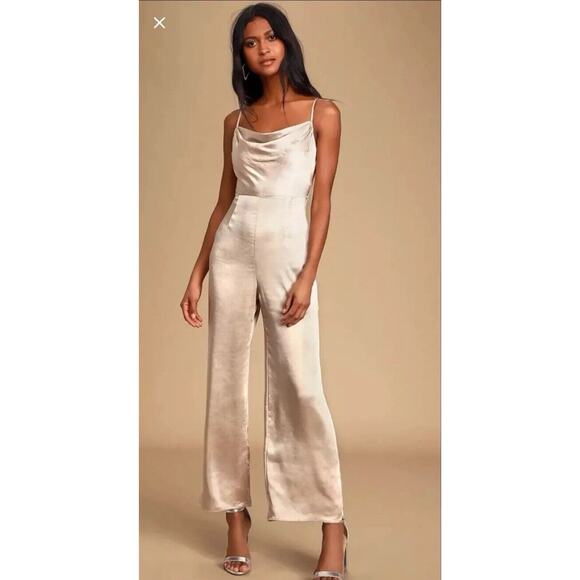 Lush Pants - LUSH Women's Cowl Neck Satin Jumpsuit Size XS Nude Blush Wedding Homecoming Chic